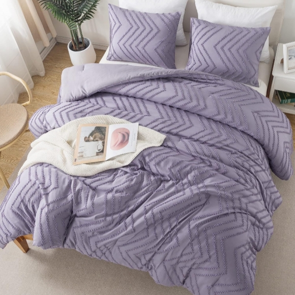 Lavender Gray Chevron Tufted Texture Full Size Bed Comforter Shams Set Bedding - Picture 2 of 14